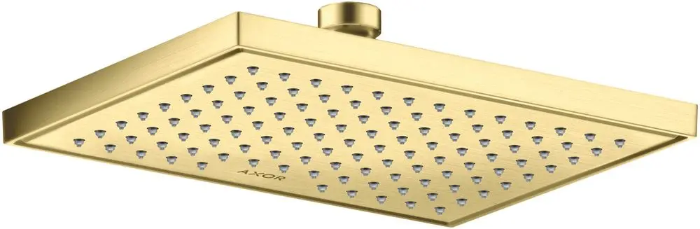 Duschkopf von AXOR in gebürstetem Messing mit quadratischem Design und gleichmäßig verteilten Wasserstrahldüsen. Ideal für moderne Badezimmer.